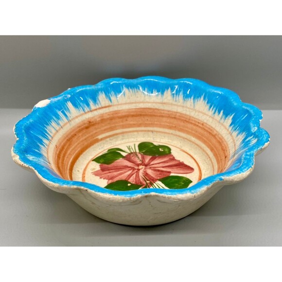 Vintage 6" Oaxacan Drip Ware Fluted Bowl Orange Blue Stripe Flower Hand-Painted - Picture 2 of 6